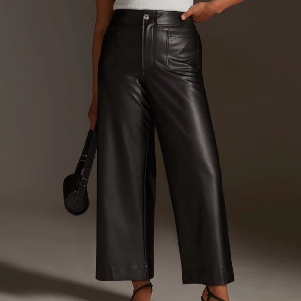 Anthropologie Colette Black Cropped Wide Leg Faux Leather Pant